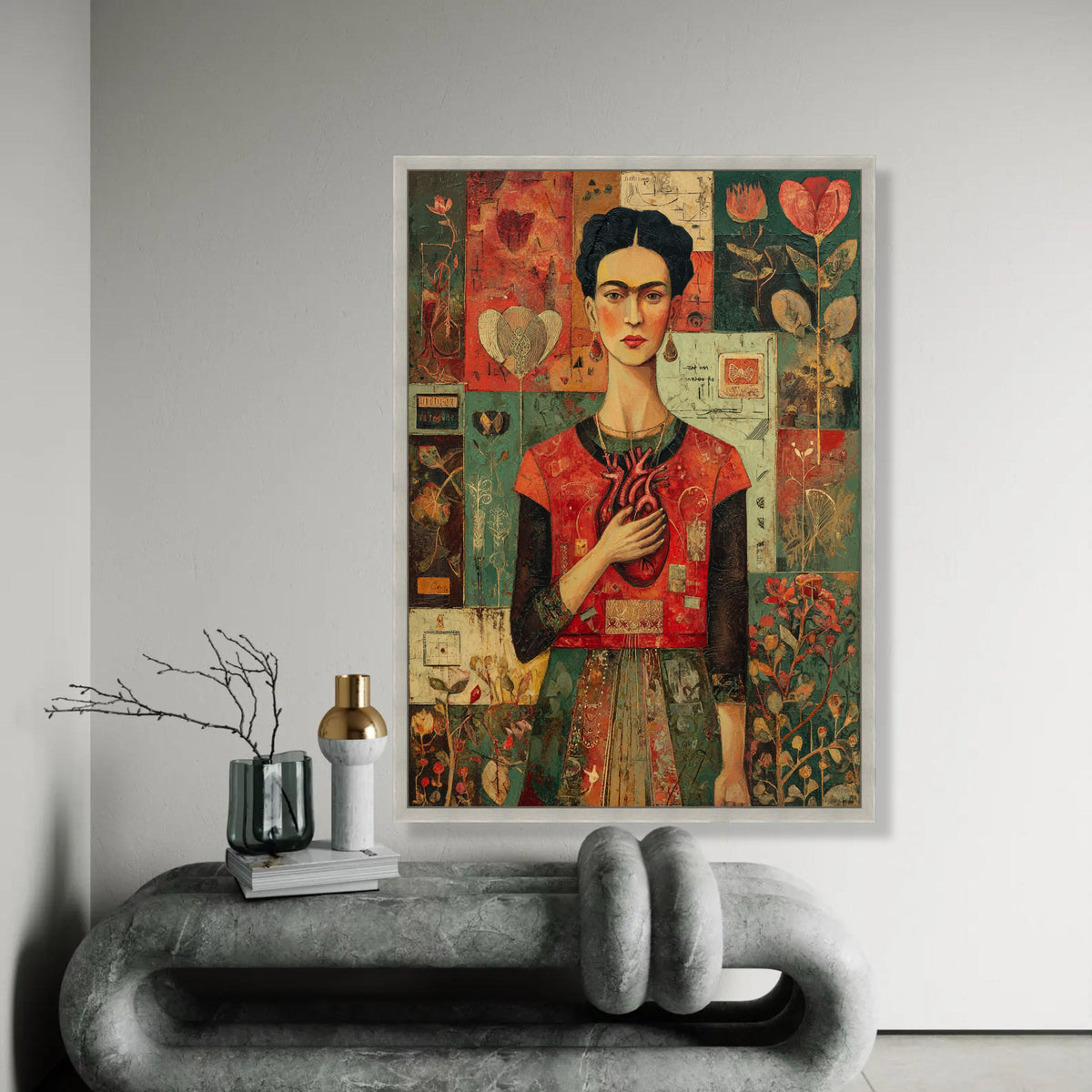 Frida Kahlo Portrait Canvas, Heart Symbolism Art, Mexican Artist Wall Art, Floral Pattern Background, Modern Ready To Hang Decoration