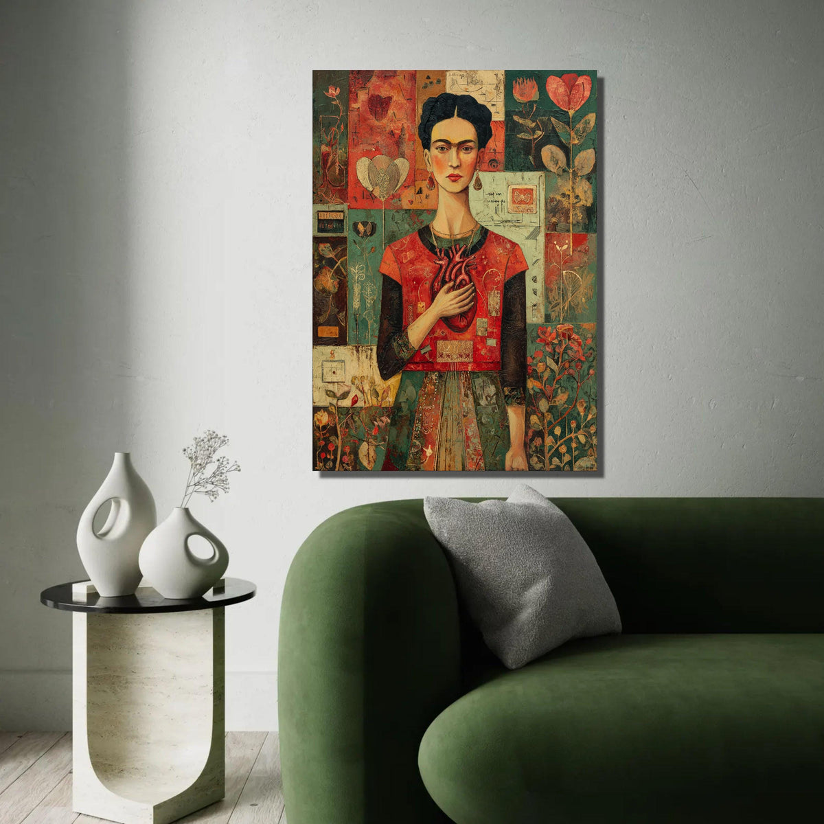 Frida Kahlo Portrait Canvas, Heart Symbolism Art, Mexican Artist Wall Art, Floral Pattern Background, Modern Ready To Hang Decoration