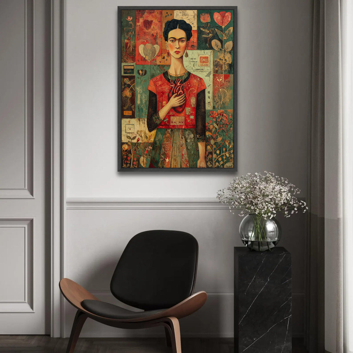 Frida Kahlo Portrait Canvas, Heart Symbolism Art, Mexican Artist Wall Art, Floral Pattern Background, Modern Ready To Hang Decoration