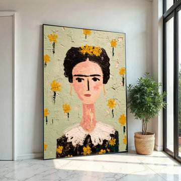 Frida Portrait Canvas, Modern Folk Art Wall Decor, Floral Face Painting, Decorative Home Canvas Art Ready To Hang Decoration
