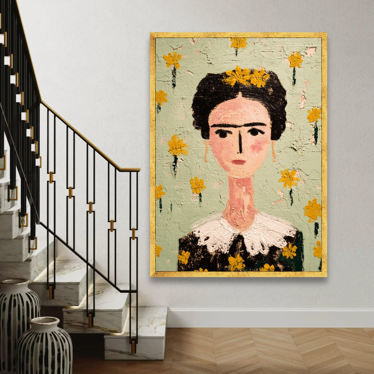 Frida Portrait Canvas, Modern Folk Art Wall Decor, Floral Face Painting, Decorative Home Canvas Art Ready To Hang Decoration
