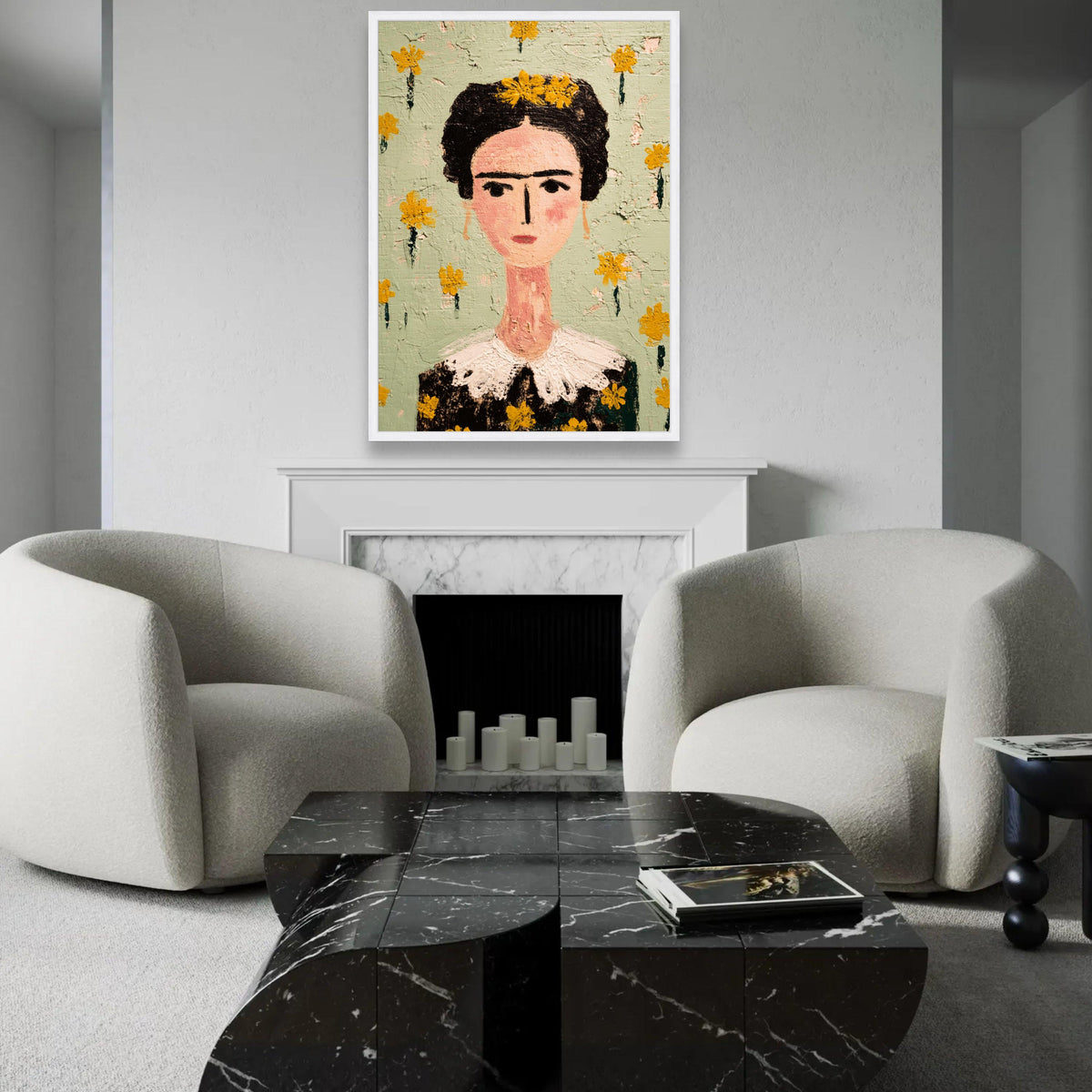 Frida Portrait Canvas, Modern Folk Art Wall Decor, Floral Face Painting, Decorative Home Canvas Art Ready To Hang Decoration