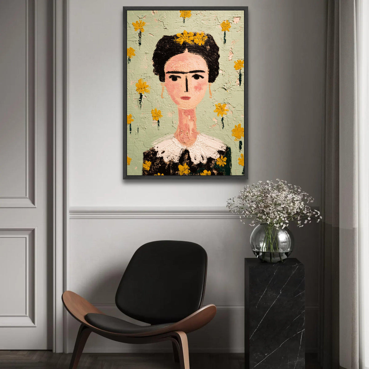 Frida Portrait Canvas, Modern Folk Art Wall Decor, Floral Face Painting, Decorative Home Canvas Art Ready To Hang Decoration