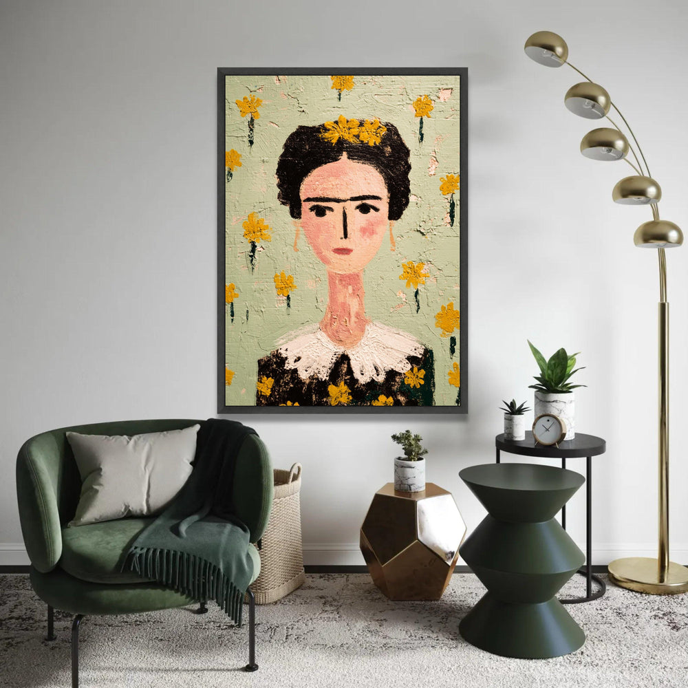Frida Portrait Canvas, Modern Folk Art Wall Decor, Floral Face Painting, Decorative Home Canvas Art Ready To Hang Decoration
