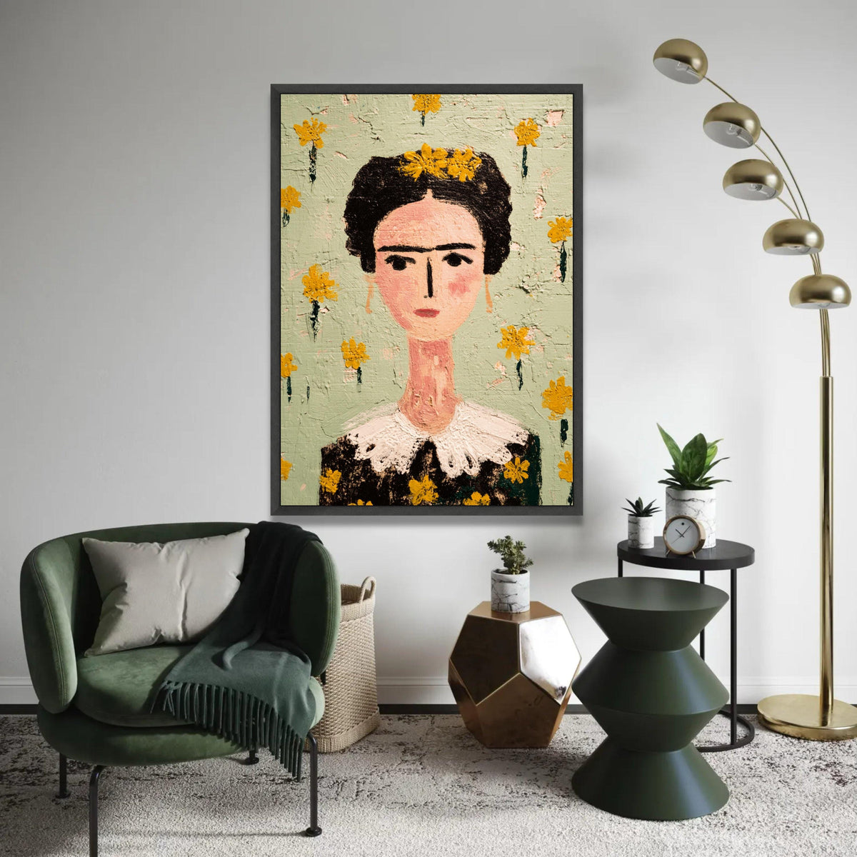 Frida Portrait Canvas, Modern Folk Art Wall Decor, Floral Face Painting, Decorative Home Canvas Art Ready To Hang Decoration