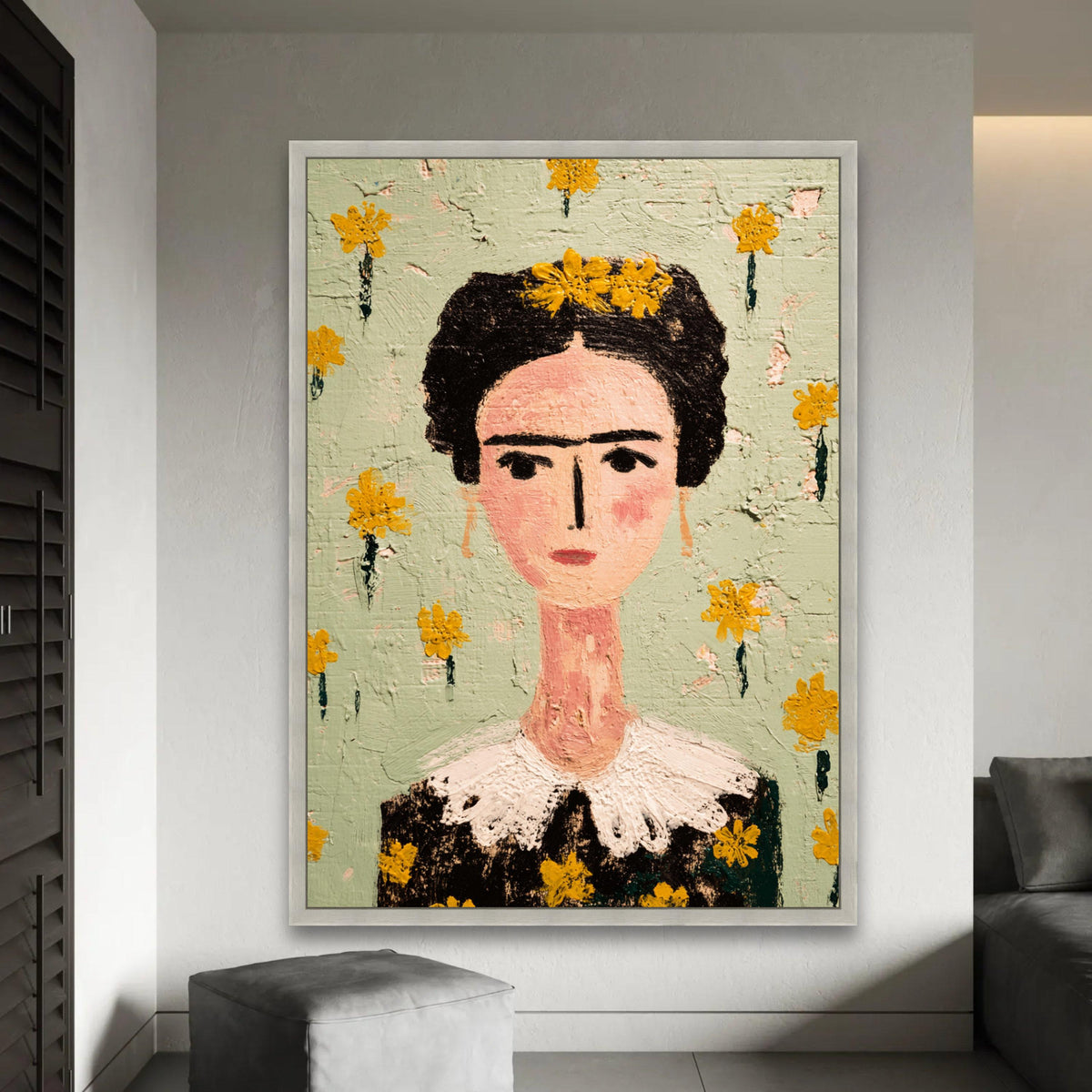 Frida Portrait Canvas, Modern Folk Art Wall Decor, Floral Face Painting, Decorative Home Canvas Art Ready To Hang Decoration