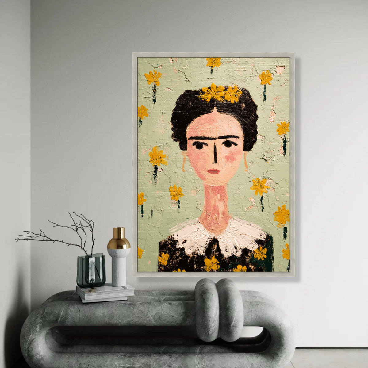 Frida Portrait Canvas, Modern Folk Art Wall Decor, Floral Face Painting, Decorative Home Canvas Art Ready To Hang Decoration