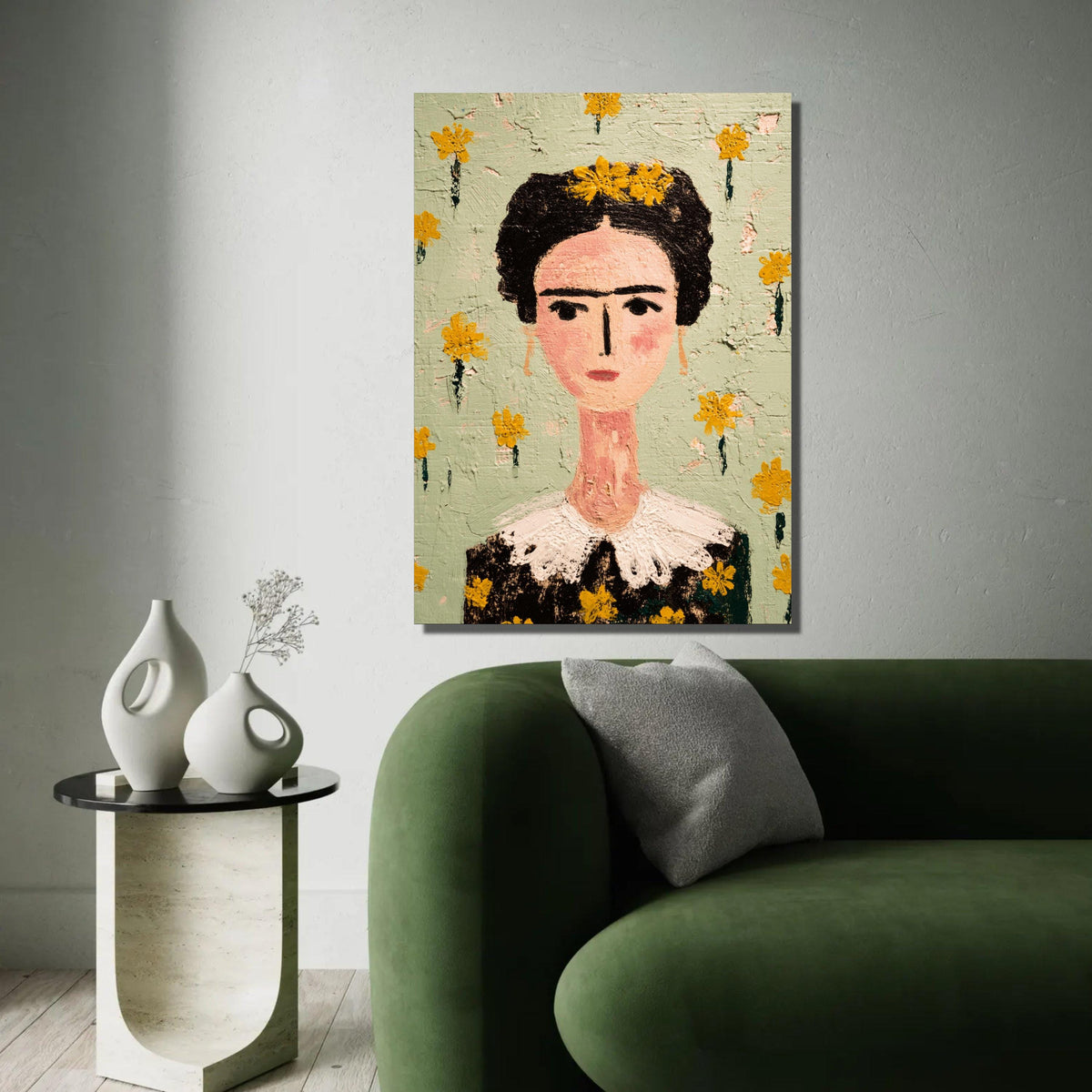 Frida Portrait Canvas, Modern Folk Art Wall Decor, Floral Face Painting, Decorative Home Canvas Art Ready To Hang Decoration