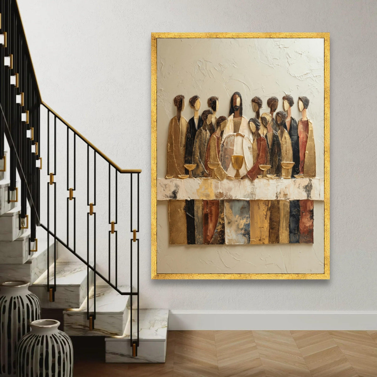 The Last Supper Canvas Wall Art, Religious Christian Decor, Jesus and Disciples Painting, Abstract Biblical Ready To Hang Decoration
