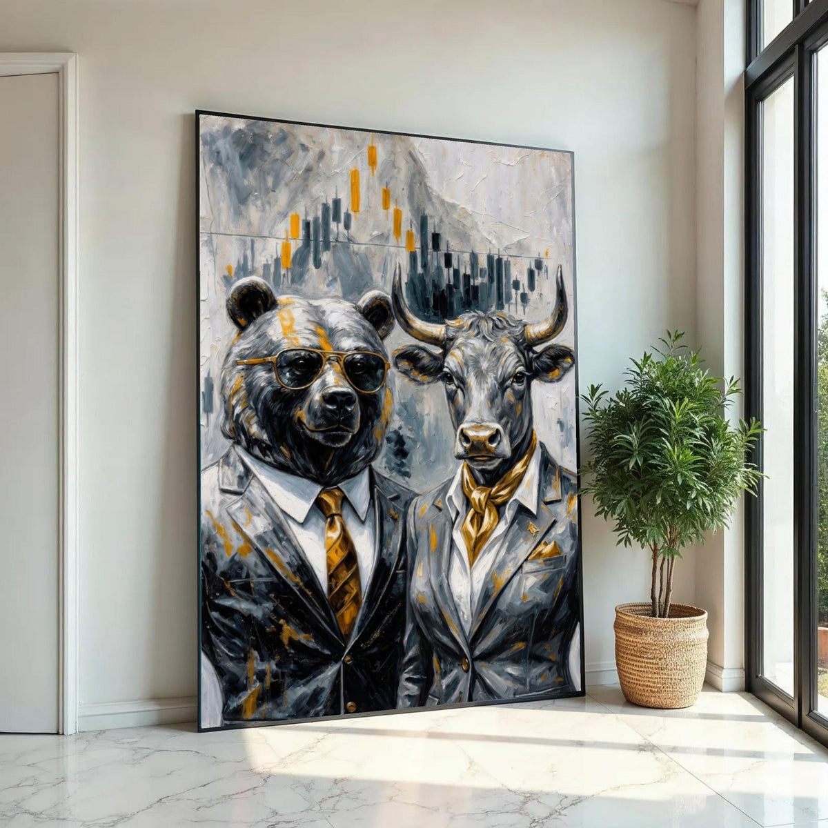 Bull and Bear Financial Market Canvas, Animal Business Art, Stock Market Wall Decor, Modern Investment Canvas Ready To Hang Decoration