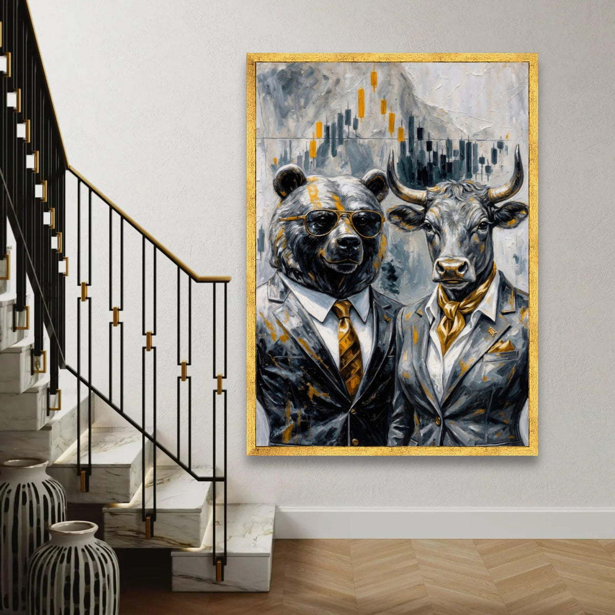 Bull and Bear Financial Market Canvas, Animal Business Art, Stock Market Wall Decor, Modern Investment Canvas Ready To Hang Decoration