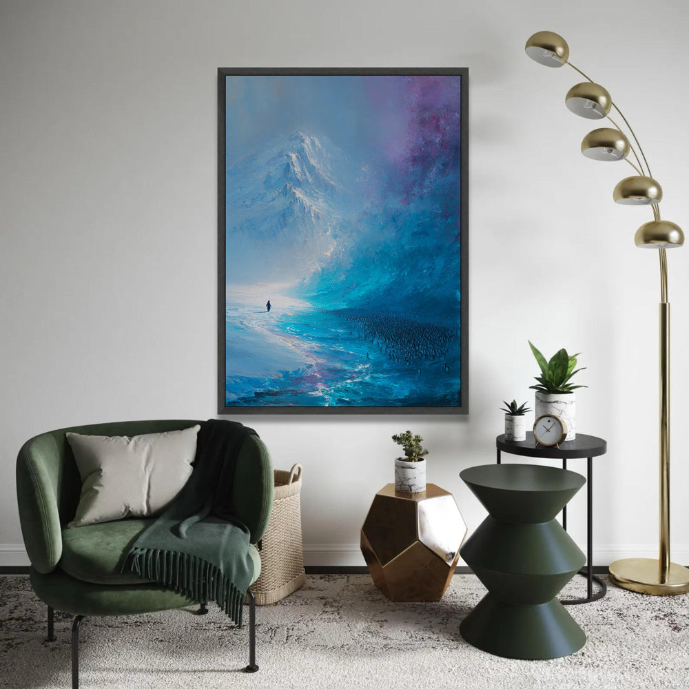 Majestic Antarctic Landscape Canvas, Penguin Colony Wall Art, Icy Mountain Scene, Blue Abstract Nature Canvas, Ready To Hang Decoration