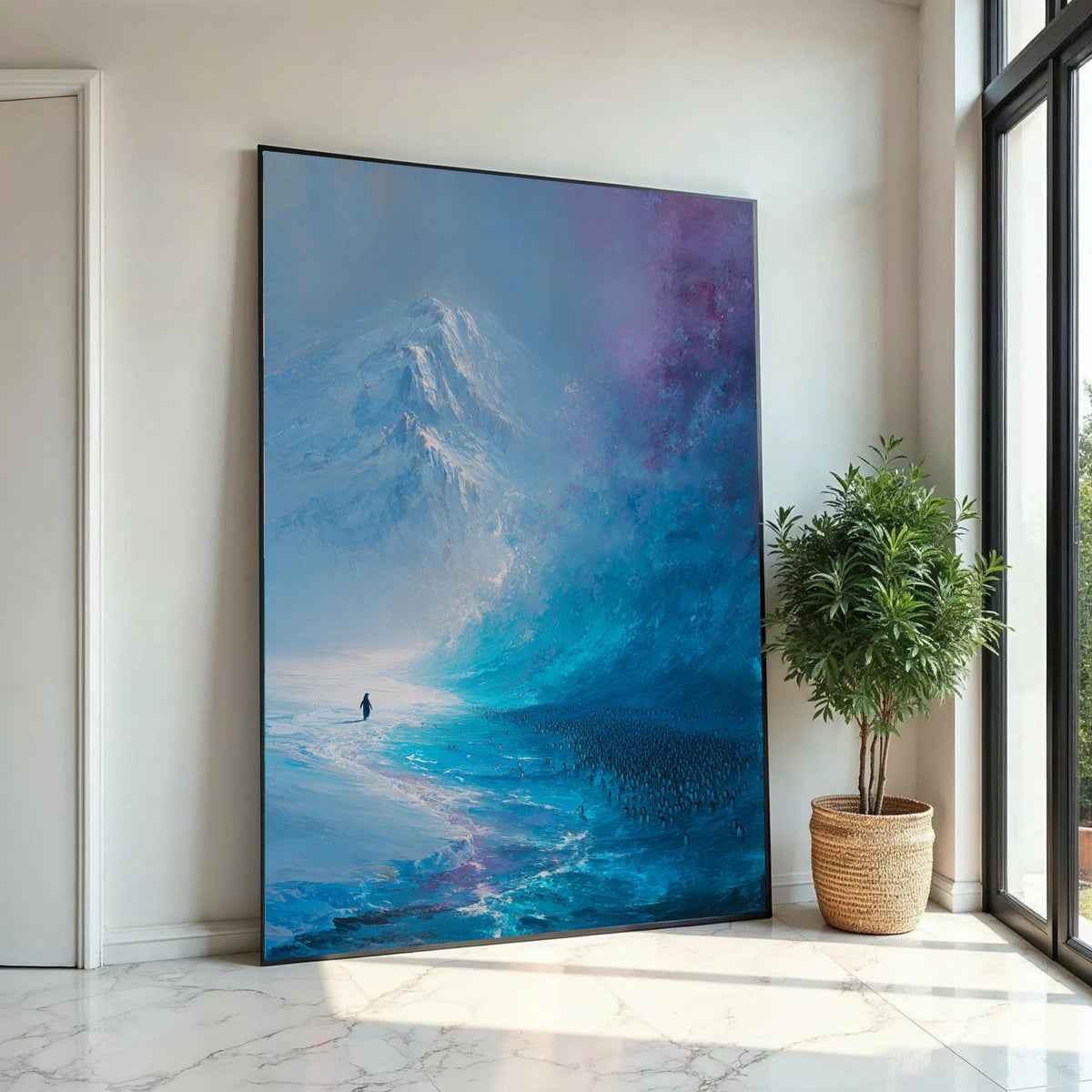 Majestic Antarctic Landscape Canvas, Penguin Colony Wall Art, Icy Mountain Scene, Blue Abstract Nature Canvas, Ready To Hang Decoration
