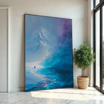 Majestic Antarctic Landscape Canvas, Penguin Colony Wall Art, Icy Mountain Scene, Blue Abstract Nature Canvas, Ready To Hang Decoration