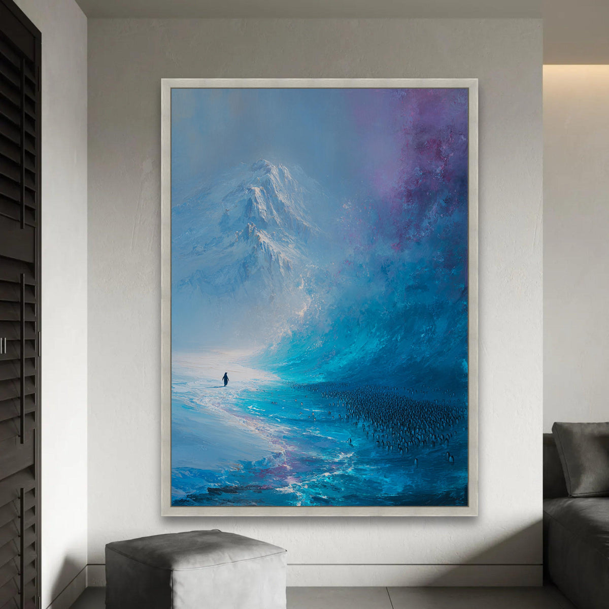 Majestic Antarctic Landscape Canvas, Penguin Colony Wall Art, Icy Mountain Scene, Blue Abstract Nature Canvas, Ready To Hang Decoration