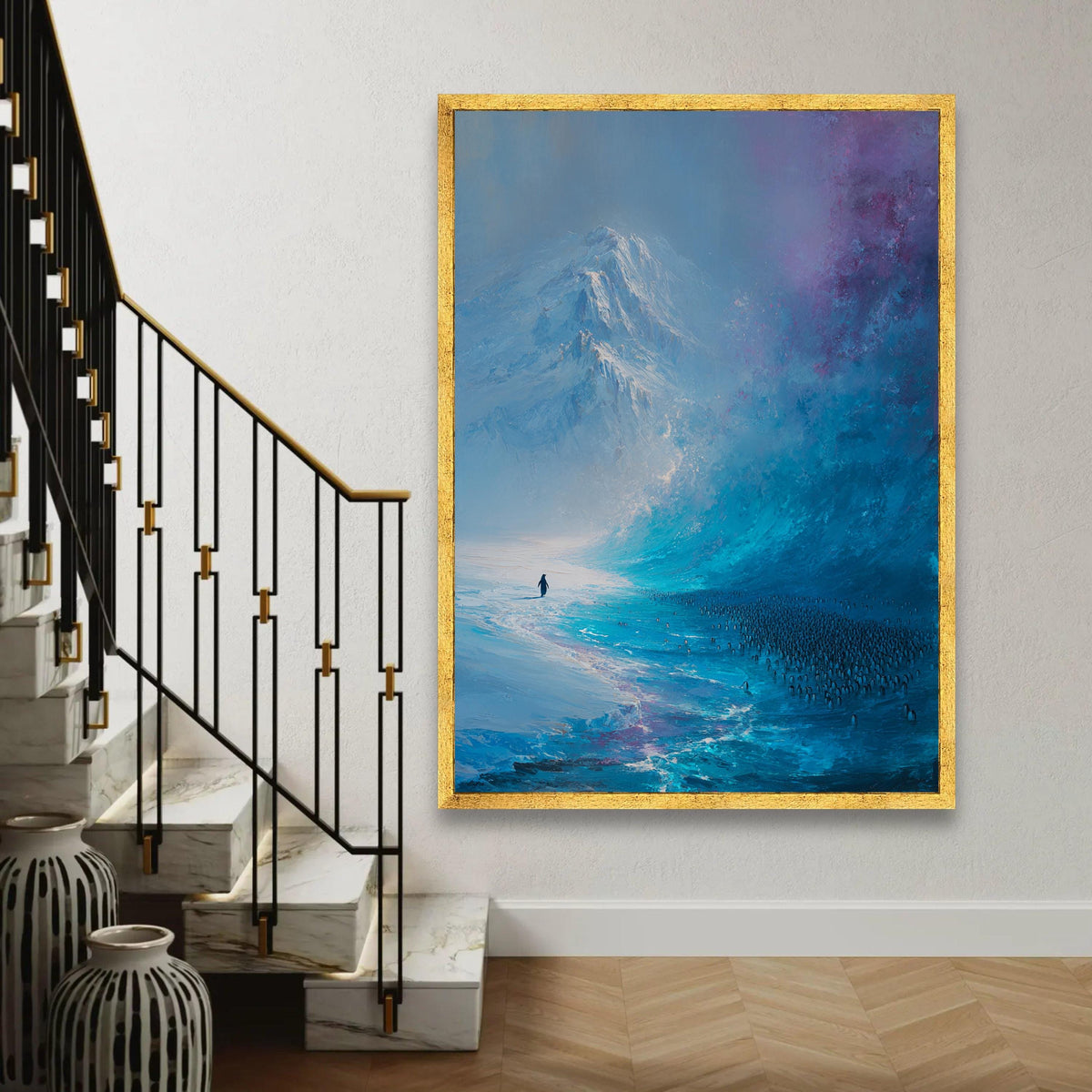 Majestic Antarctic Landscape Canvas, Penguin Colony Wall Art, Icy Mountain Scene, Blue Abstract Nature Canvas, Ready To Hang Decoration