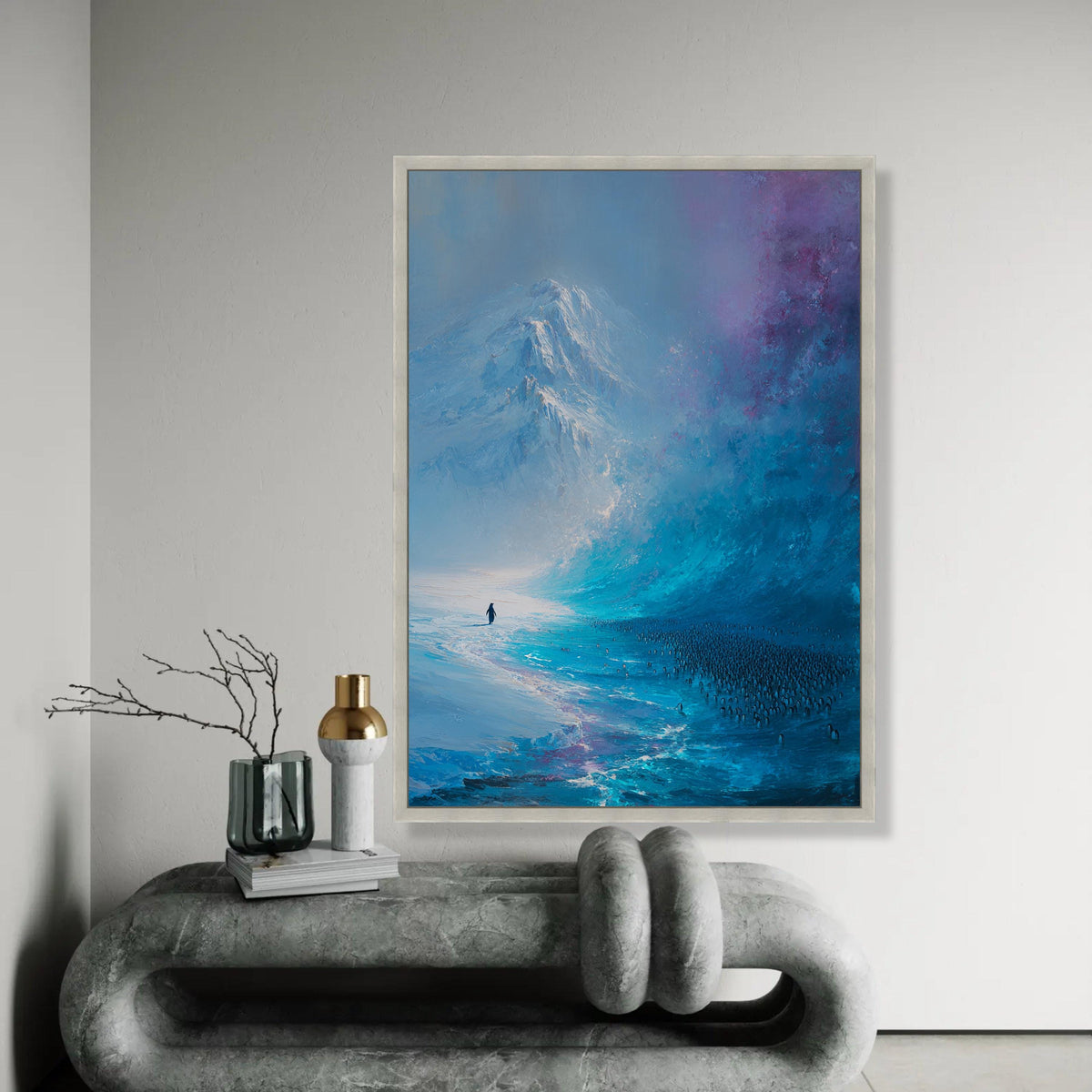 Majestic Antarctic Landscape Canvas, Penguin Colony Wall Art, Icy Mountain Scene, Blue Abstract Nature Canvas, Ready To Hang Decoration