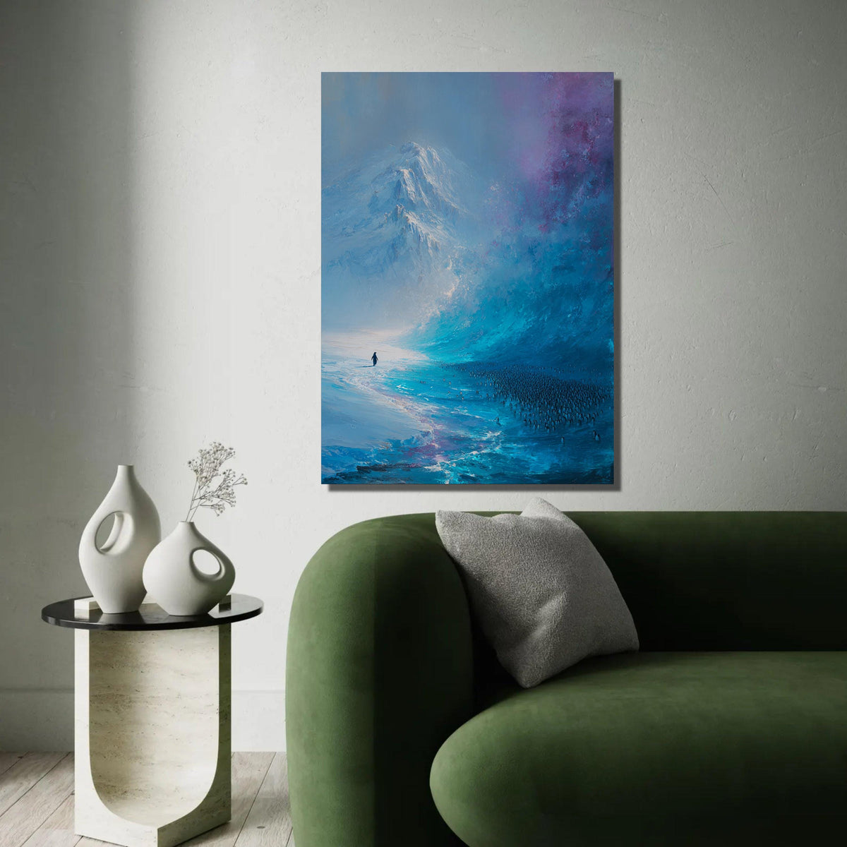 Majestic Antarctic Landscape Canvas, Penguin Colony Wall Art, Icy Mountain Scene, Blue Abstract Nature Canvas, Ready To Hang Decoration