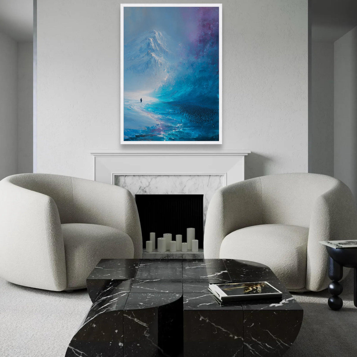 Majestic Antarctic Landscape Canvas, Penguin Colony Wall Art, Icy Mountain Scene, Blue Abstract Nature Canvas, Ready To Hang Decoration