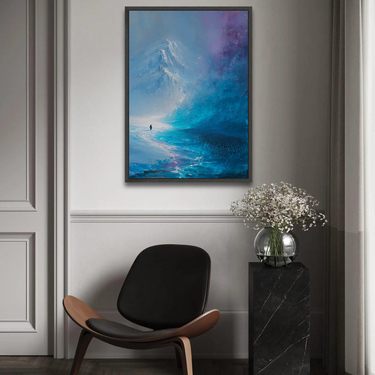Majestic Antarctic Landscape Canvas, Penguin Colony Wall Art, Icy Mountain Scene, Blue Abstract Nature Canvas, Ready To Hang Decoration