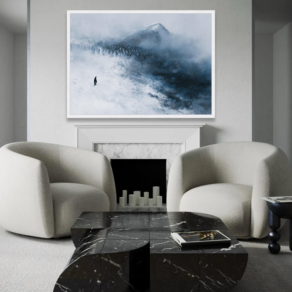 Solitary Penguin in Snow, Antarctic Wildlife Canvas, Minimalist Winter Landscape, Arctic Animal Art, Cold Climate Ready To Hang Decoration