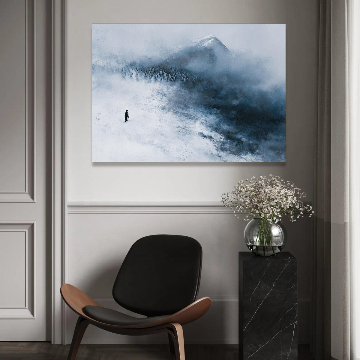 Solitary Penguin in Snow, Antarctic Wildlife Canvas, Minimalist Winter Landscape, Arctic Animal Art, Cold Climate Ready To Hang Decoration