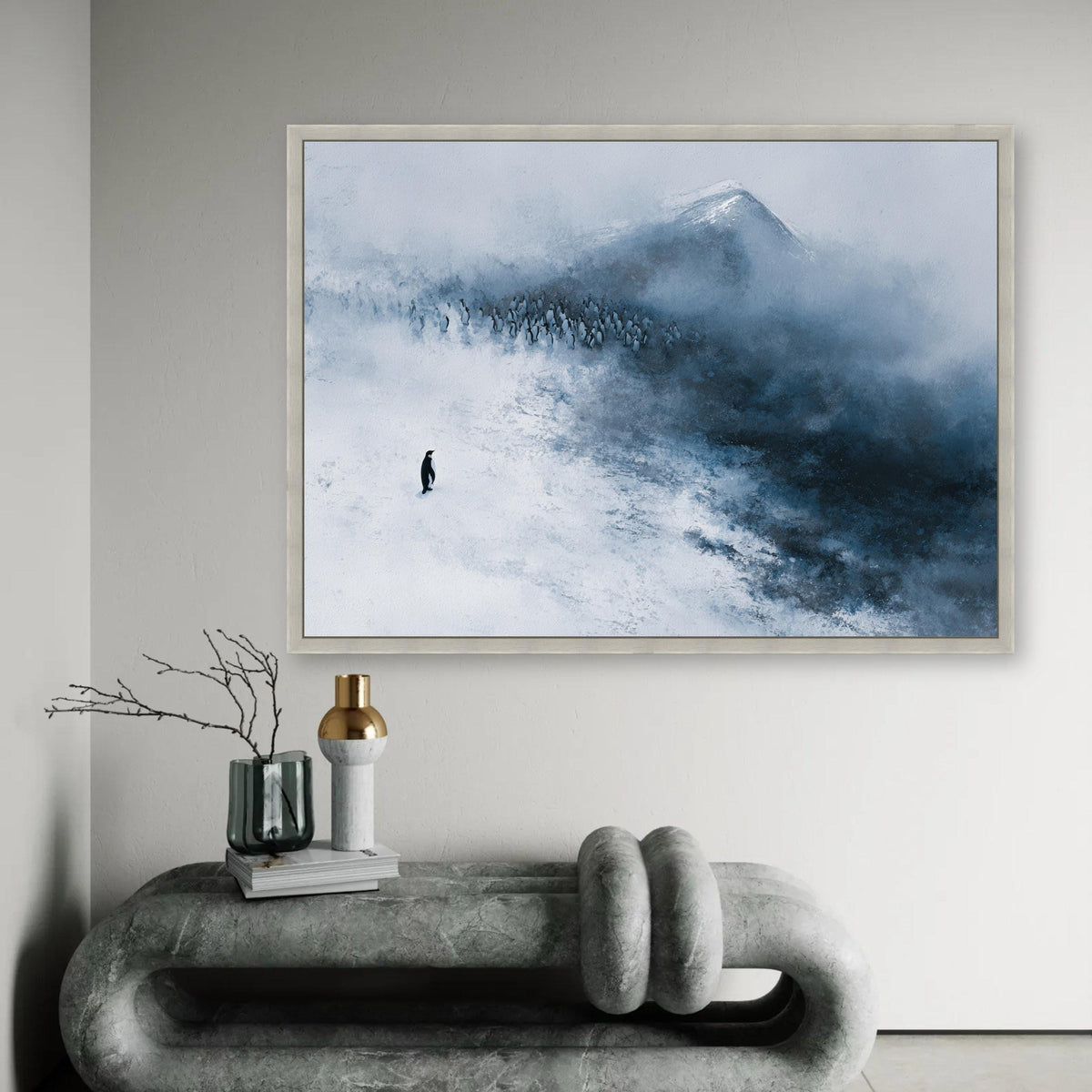 Solitary Penguin in Snow, Antarctic Wildlife Canvas, Minimalist Winter Landscape, Arctic Animal Art, Cold Climate Ready To Hang Decoration