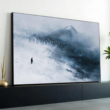 Solitary Penguin in Snow, Antarctic Wildlife Canvas, Minimalist Winter Landscape, Arctic Animal Art, Cold Climate Ready To Hang Decoration