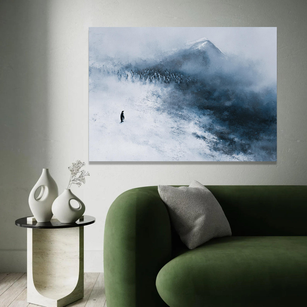 Solitary Penguin in Snow, Antarctic Wildlife Canvas, Minimalist Winter Landscape, Arctic Animal Art, Cold Climate Ready To Hang Decoration