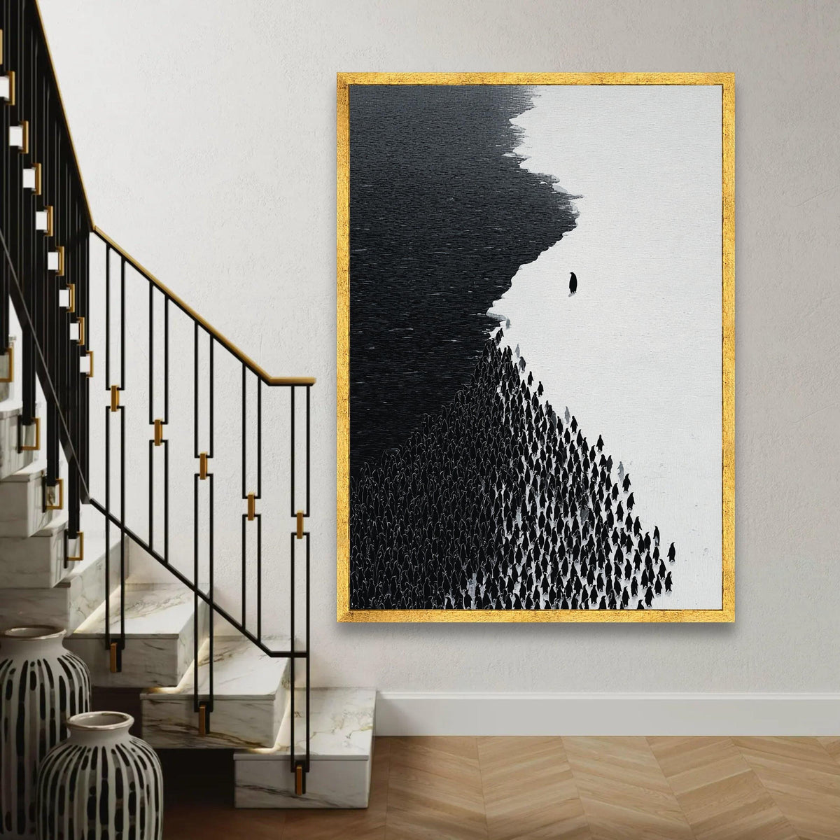 Minimalist Black and White Penguins Canvas, Modern Animal Wall Art, Monochrome Nature Decor, Abstract Wildlife Ready To Hang Decoration