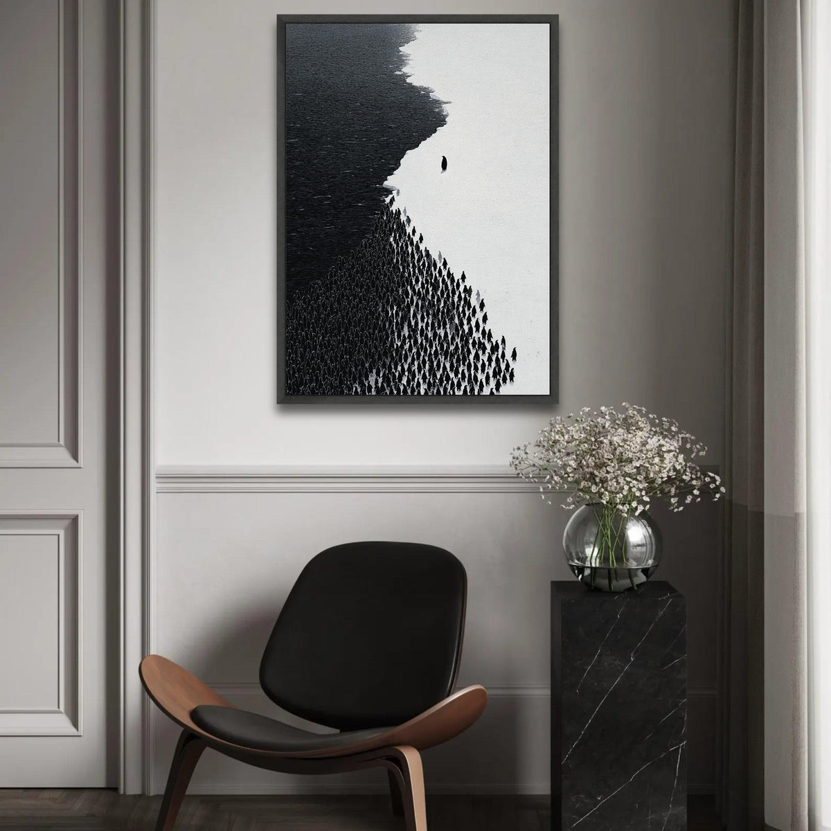 Minimalist Black and White Penguins Canvas, Modern Animal Wall Art, Monochrome Nature Decor, Abstract Wildlife Ready To Hang Decoration