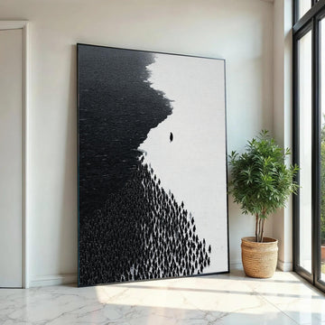 Minimalist Black and White Penguins Canvas, Modern Animal Wall Art, Monochrome Nature Decor, Abstract Wildlife Ready To Hang Decoration