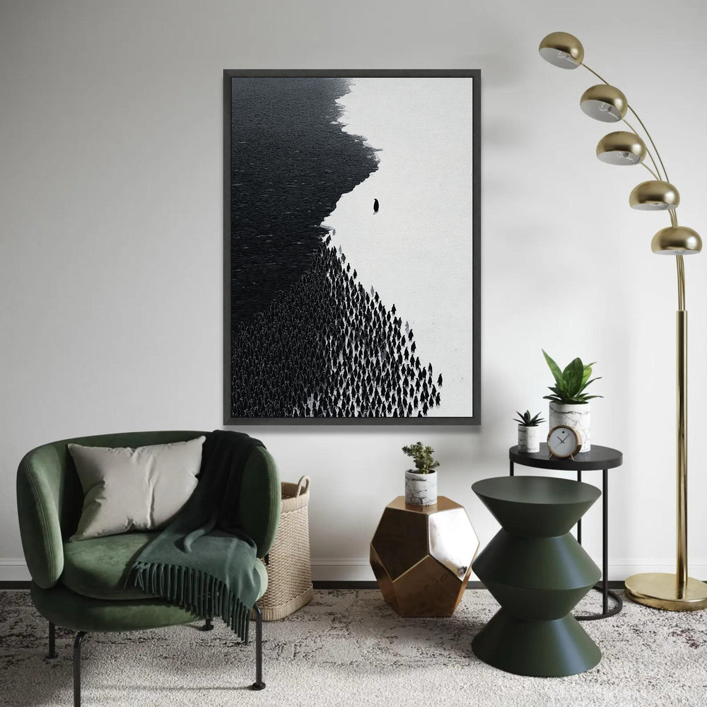 Minimalist Black and White Penguins Canvas, Modern Animal Wall Art, Monochrome Nature Decor, Abstract Wildlife Ready To Hang Decoration