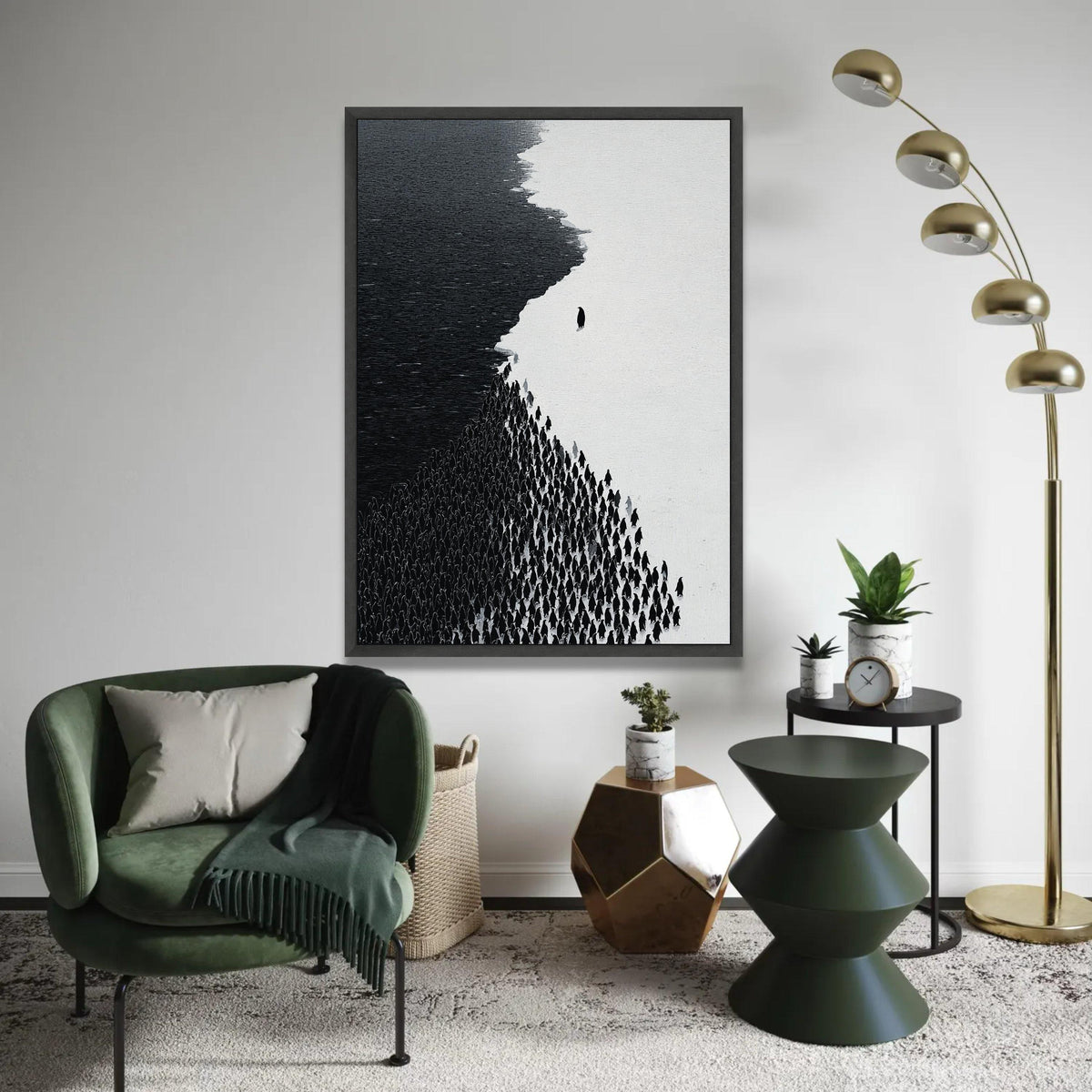 Minimalist Black and White Penguins Canvas, Modern Animal Wall Art, Monochrome Nature Decor, Abstract Wildlife Ready To Hang Decoration