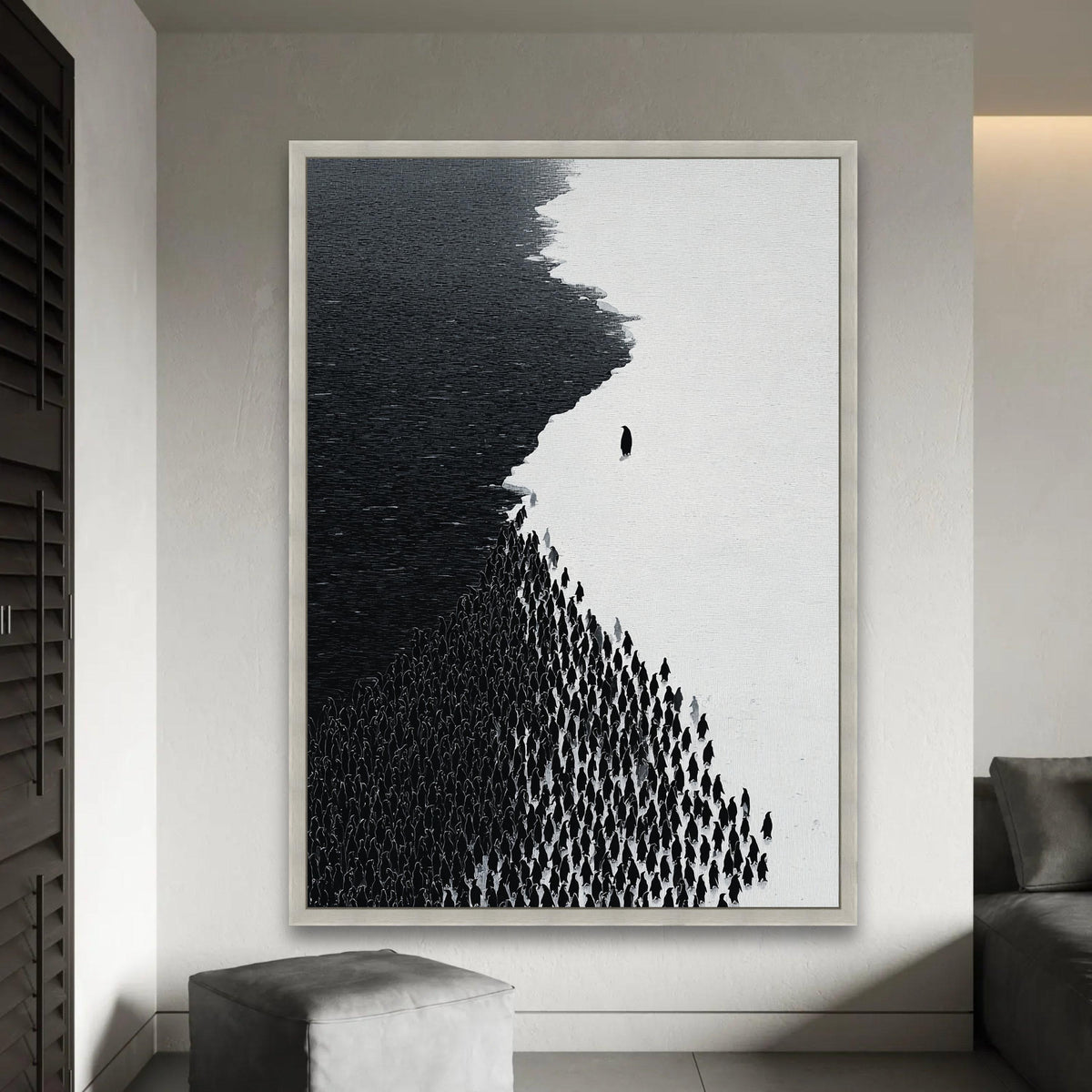 Minimalist Black and White Penguins Canvas, Modern Animal Wall Art, Monochrome Nature Decor, Abstract Wildlife Ready To Hang Decoration