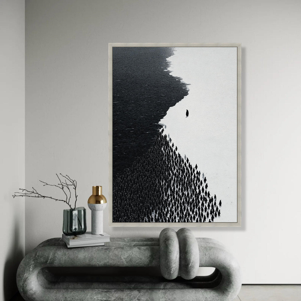 Minimalist Black and White Penguins Canvas, Modern Animal Wall Art, Monochrome Nature Decor, Abstract Wildlife Ready To Hang Decoration