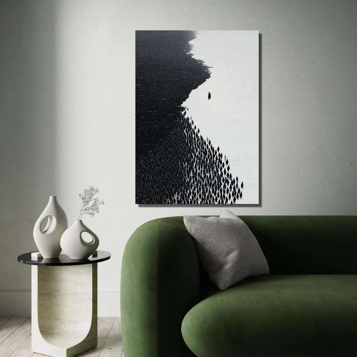 Minimalist Black and White Penguins Canvas, Modern Animal Wall Art, Monochrome Nature Decor, Abstract Wildlife Ready To Hang Decoration
