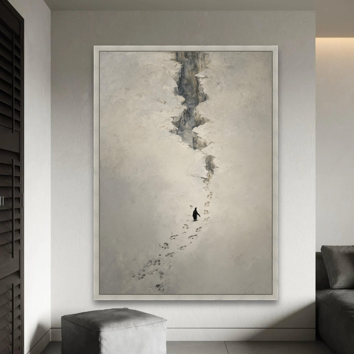Solitary Penguin in Snow Canvas, Antarctic Animal Wall Art, Minimalist Nature Scene, Wildlife Footprints Canvas, Ready To Hang Decoration
