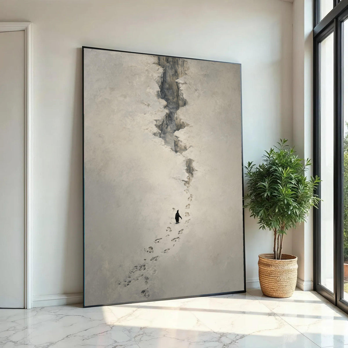 Solitary Penguin in Snow Canvas, Antarctic Animal Wall Art, Minimalist Nature Scene, Wildlife Footprints Canvas, Ready To Hang Decoration
