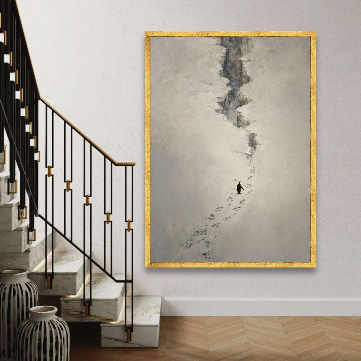 Solitary Penguin in Snow Canvas, Antarctic Animal Wall Art, Minimalist Nature Scene, Wildlife Footprints Canvas, Ready To Hang Decoration