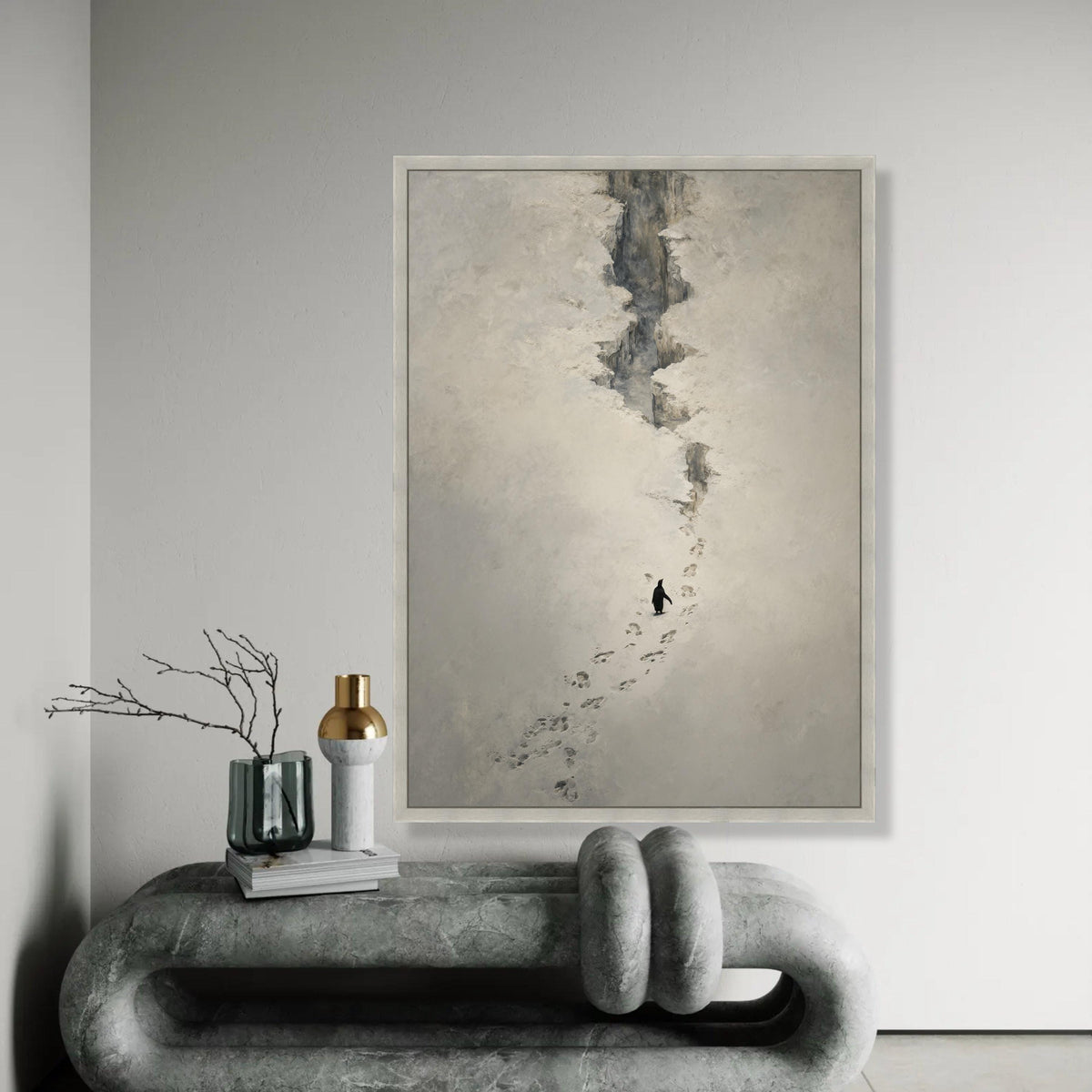 Solitary Penguin in Snow Canvas, Antarctic Animal Wall Art, Minimalist Nature Scene, Wildlife Footprints Canvas, Ready To Hang Decoration