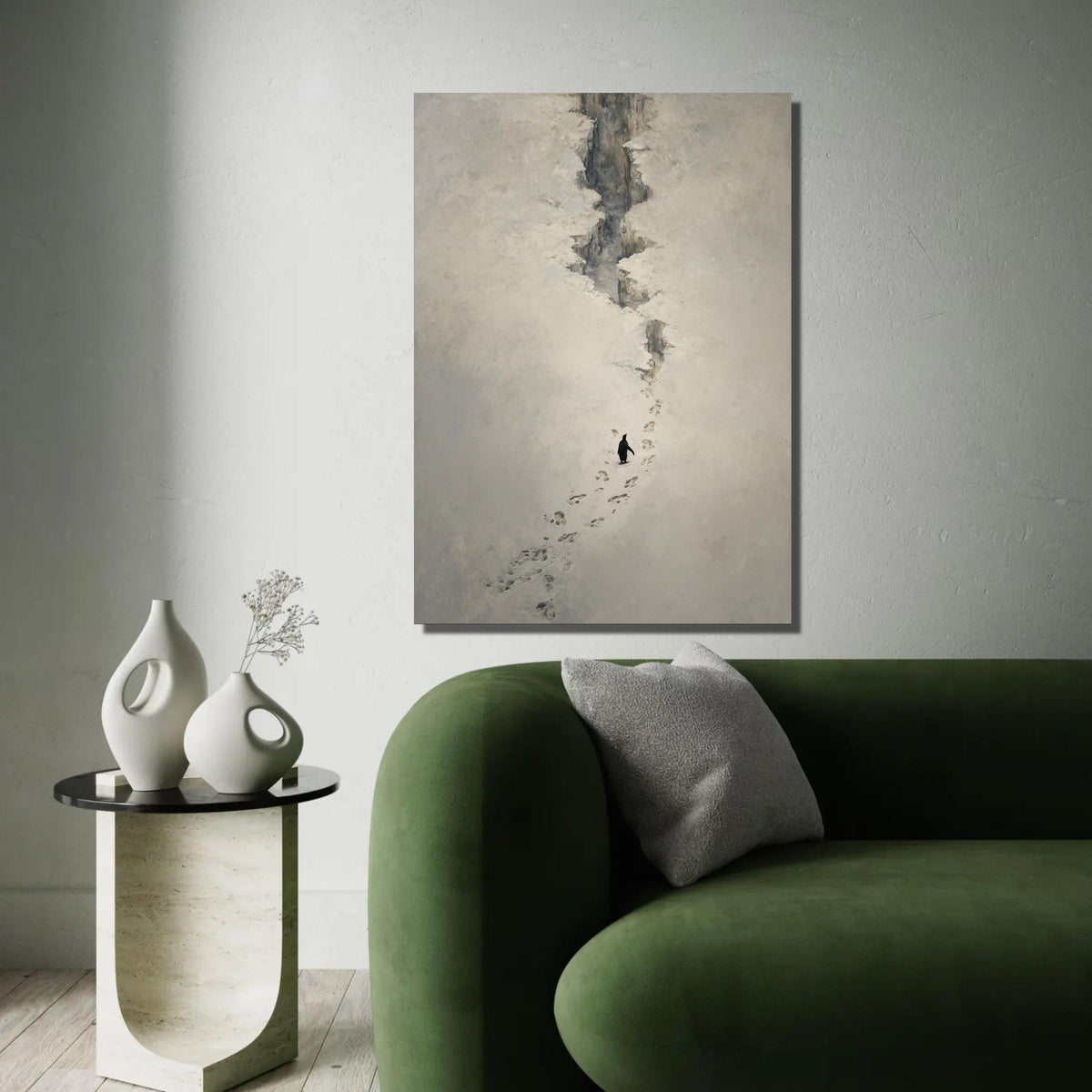 Solitary Penguin in Snow Canvas, Antarctic Animal Wall Art, Minimalist Nature Scene, Wildlife Footprints Canvas, Ready To Hang Decoration