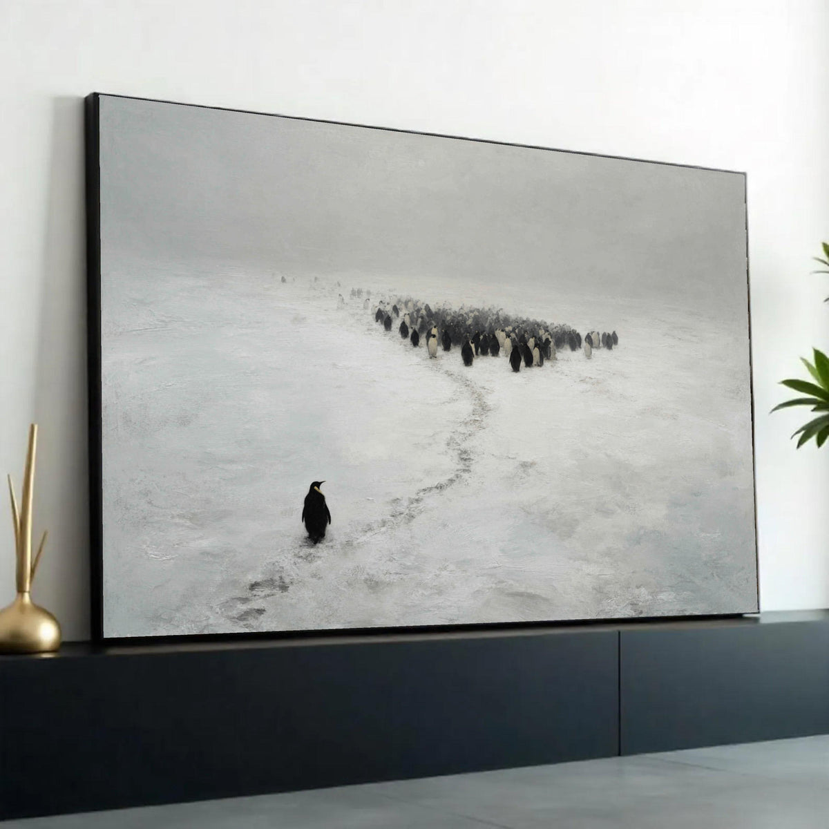 Solitary Penguin in Snow Canvas Wall Art, Arctic Wildlife Scene, Minimalist Animal Nature Canvas, Winter Landscape Ready To Hang Decoration