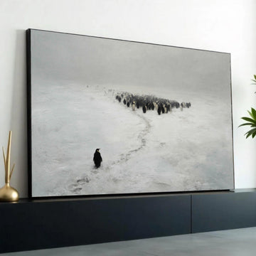 Solitary Penguin in Snow Canvas Wall Art, Arctic Wildlife Scene, Minimalist Animal Nature Canvas, Winter Landscape Ready To Hang Decoration