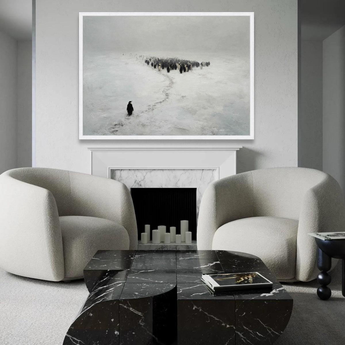 Solitary Penguin in Snow Canvas Wall Art, Arctic Wildlife Scene, Minimalist Animal Nature Canvas, Winter Landscape Ready To Hang Decoration