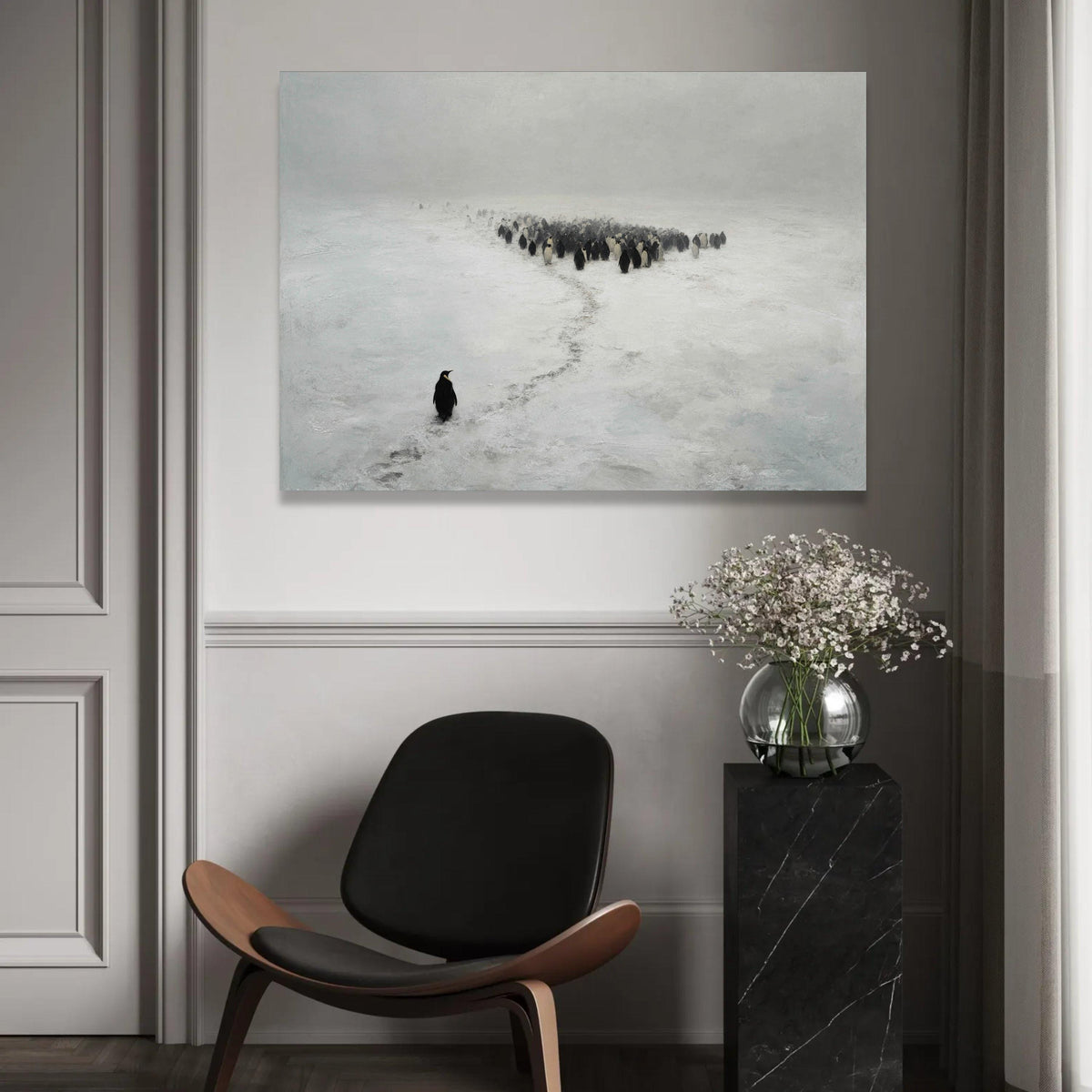Solitary Penguin in Snow Canvas Wall Art, Arctic Wildlife Scene, Minimalist Animal Nature Canvas, Winter Landscape Ready To Hang Decoration