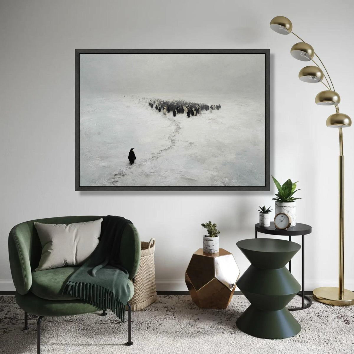 Solitary Penguin in Snow Canvas Wall Art, Arctic Wildlife Scene, Minimalist Animal Nature Canvas, Winter Landscape Ready To Hang Decoration