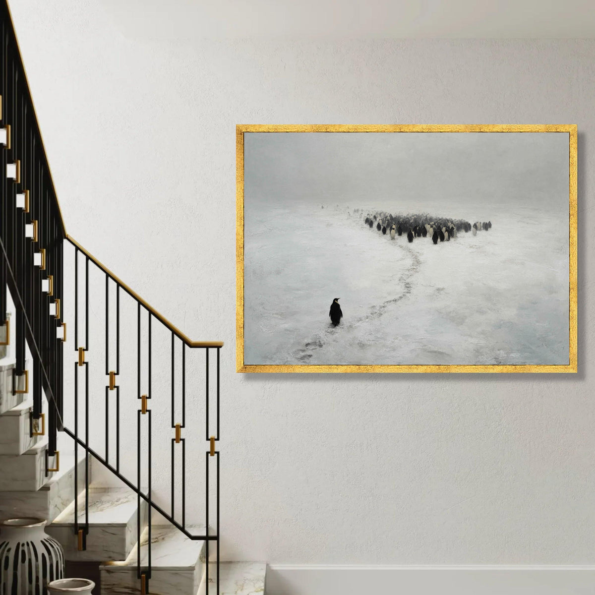 Solitary Penguin in Snow Canvas Wall Art, Arctic Wildlife Scene, Minimalist Animal Nature Canvas, Winter Landscape Ready To Hang Decoration