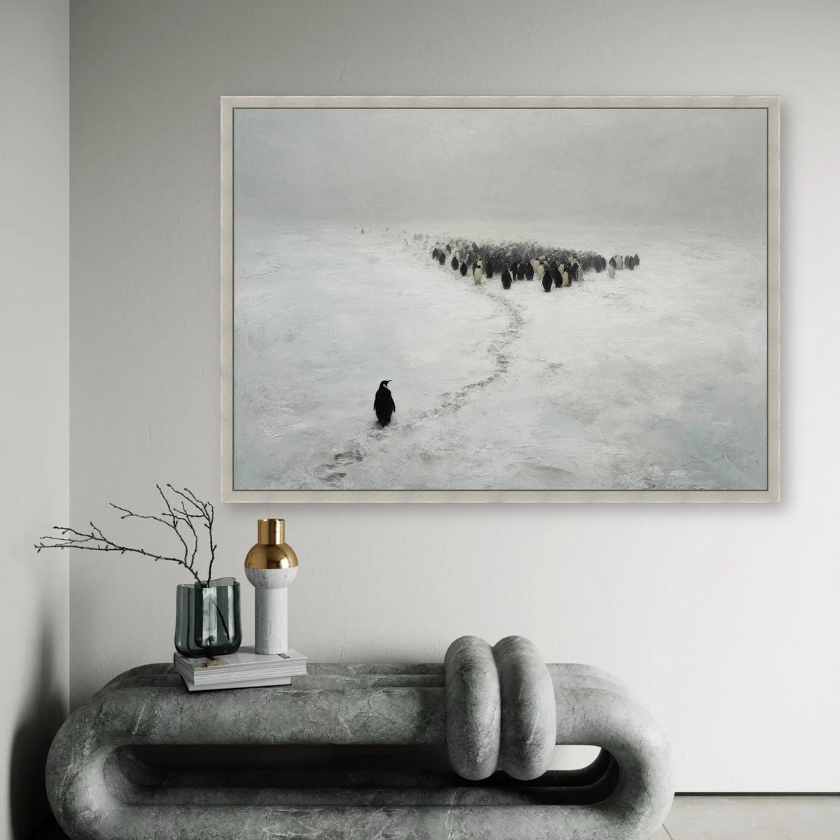 Solitary Penguin in Snow Canvas Wall Art, Arctic Wildlife Scene, Minimalist Animal Nature Canvas, Winter Landscape Ready To Hang Decoration