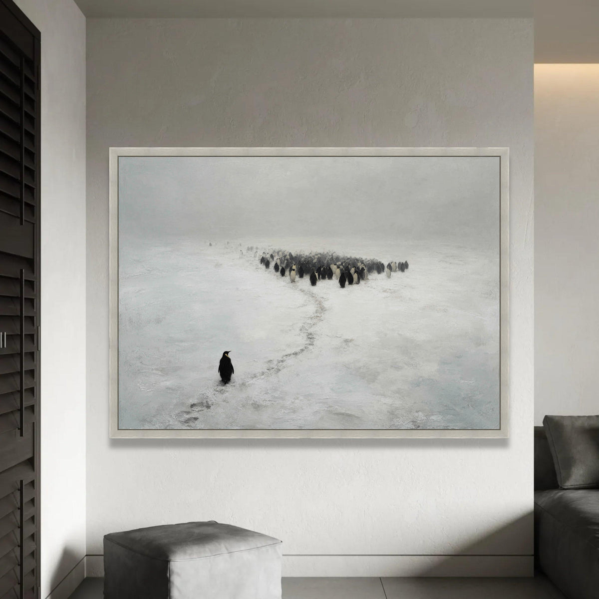 Solitary Penguin in Snow Canvas Wall Art, Arctic Wildlife Scene, Minimalist Animal Nature Canvas, Winter Landscape Ready To Hang Decoration